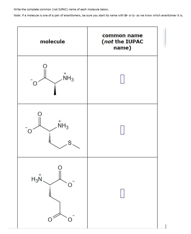 Write the complete common (not IUPAC) name of each molecule below.
Note: if a molecule is one of a pair of enantiomers, be sure you start its name with D- or L- so we know which enantiomer it is.
molecule
H₂N
NH3
NH3
S.
common name
(not the IUPAC
name)
0
0
1