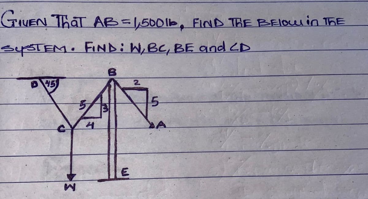 GIVEN ThaT AB = 1,500lb, FIND THE Below in The
SYSTEM. FIND: W, BC, BE and CD
B
45
ΣΚ
2
5
4
A
E