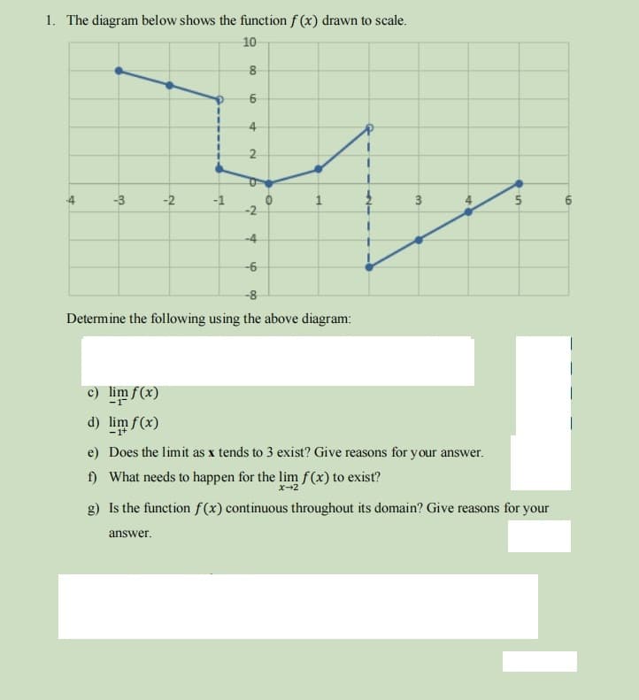 1. The diagram below shows the function f(x) drawn to scale.
10
8
6
4
-3
c) lim f(x)
d) lim f(x)
-2
-1
answer.
4
2
B
-2
-4
-6
-O
-8
Determine the following using the above diagram:
1
-1
3
+
5
e) Does the limit as x tends to 3 exist? Give reasons for your answer.
f) What needs to happen for the lim f(x) to exist?
X-2
g) Is the function f(x) continuous throughout its domain? Give reasons for your
6
1
i
1