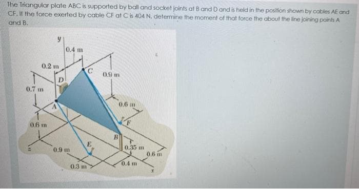 The Triangular plate ABC is supported by ball and socket joints at B and D and is held in the position shown by cables AE and
CF. Il the force exerted by cable CF at C is 404 N. determine the moment of that force the about the line joining points A
and B.
0.4 m
0.2 m
0.9 m
0.7 m
0,6 m
0.6 m
0.35 m
0.6 m
0.9 m
0.4 m
0.3 m
