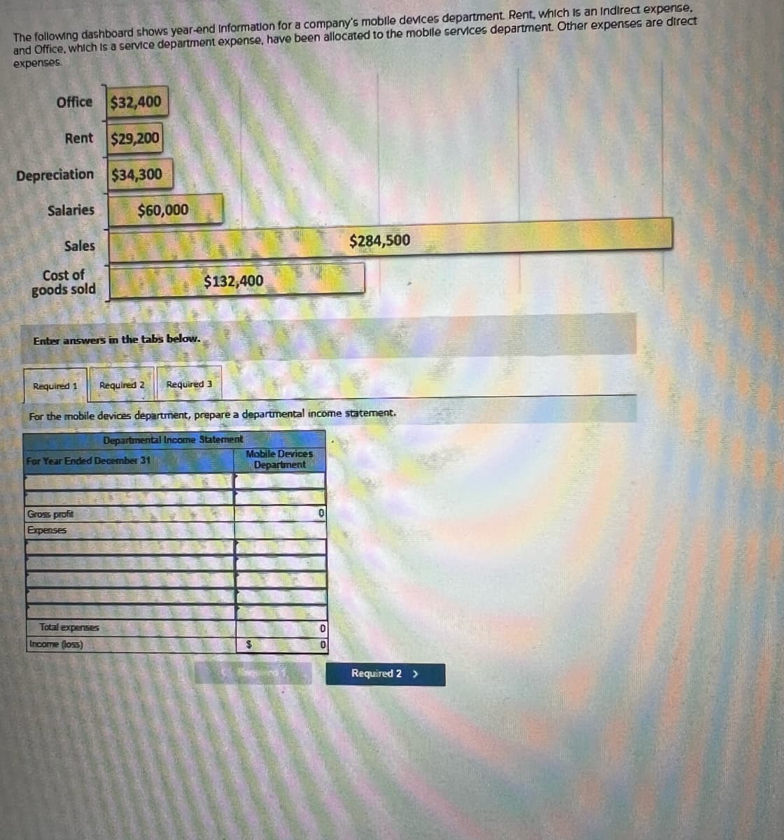 The following dashboard shows year-end Information for a company's mobile devices department. Rent, which is an Indirect expense,
and Office, which is a service department expense, have been allocated to the mobile services department. Other expenses are direct
expenses.
Office $32,400
Rent $29,200
Depreciation $34,300
Salaries
Sales
Cost of
goods sold
$60,000
Enter answers in the tabs below.
$284,500
$132,400
Required 1 Required 2 Required 3
For the mobile devices department, prepare a departmental income statement.
Departmental Income Statement
For Year Ended December 31
Gross profit
Expenses
Mobile Devices
Department
0
Total expenses
Income (loss)
Required 2 >