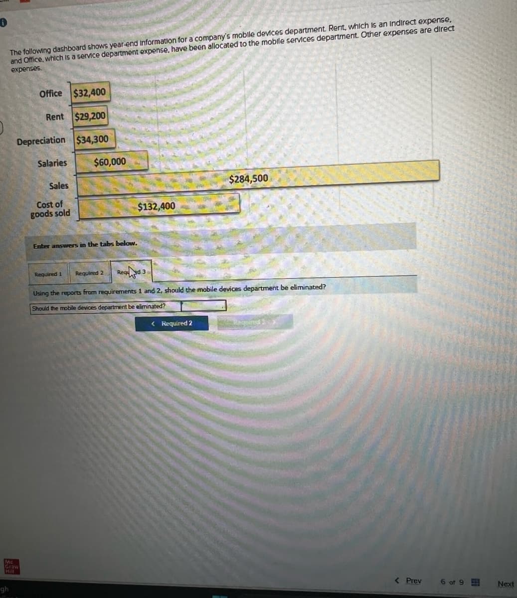 The following dashboard shows year-end Information for a company's mobile devices department. Rent, which is an indirect expense,
and Office, which is a service department expense, have been allocated to the mobile services department. Other expenses are direct
expenses.
Office $32,400
Rent $29,200
Depreciation $34,300
Salaries
Sales
Cost of
goods sold
$60,000
$284,500
$132,400
Mc
Grow
Hill
gh
Enter answers in the tabs below.
Required 1
Required 2
Requ
d3
W
Using the reports from requirements 1 and 2, should the mobile devices department be eliminated?
Should the mobile devices department be eliminated?
< Required 2
< Prev
6 of 9
Next