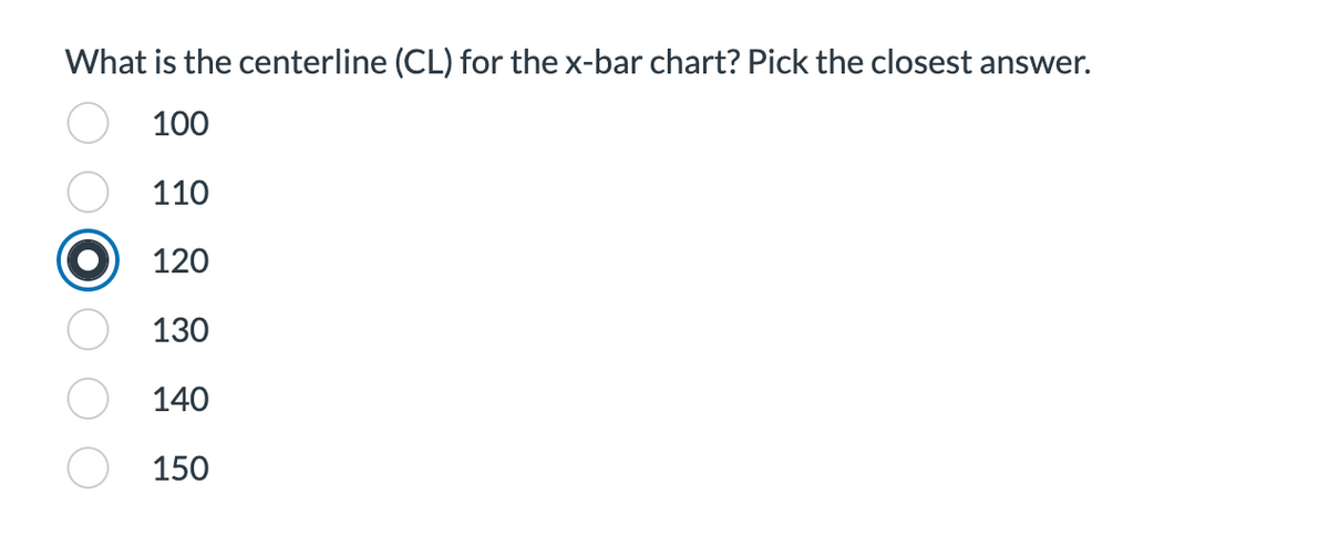 What is the centerline (CL) for the x-bar chart? Pick the closest answer.
100
110
120
130
140
150
OOO