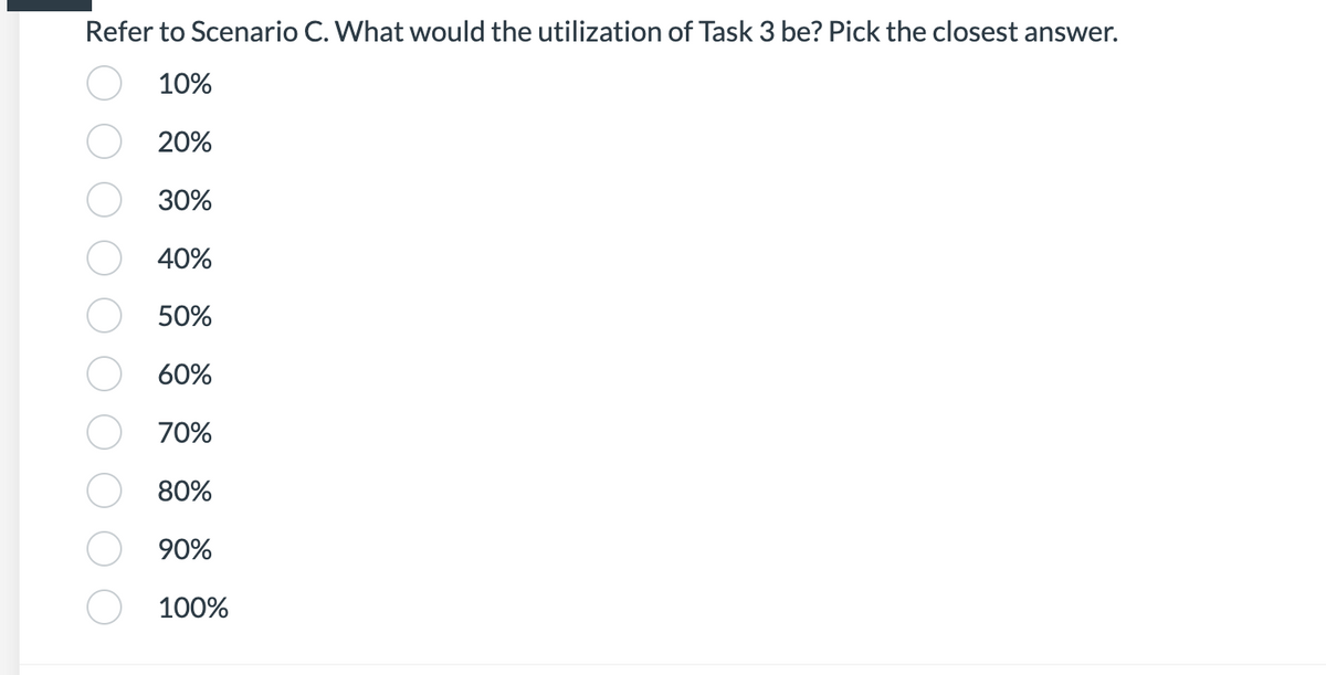 Refer to Scenario C. What would the utilization of Task 3 be? Pick the closest answer.
10%
20%
30%
40%
50%
60%
70%
80%
90%
100%