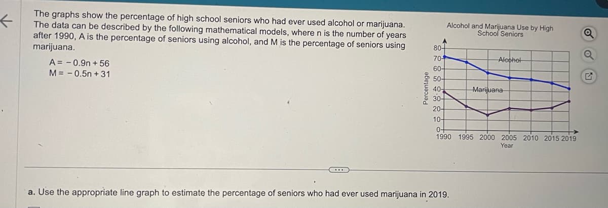 ←
The graphs show the percentage of high school seniors who had ever used alcohol or marijuana.
The data can be described by the following mathematical models, where n is the number of years
after 1990, A is the percentage of seniors using alcohol, and M is the percentage of seniors using
marijuana.
.
A=0.9n+ 56
M= -0.5n +31
***
Percentage
Alcohol and Marijuana Use by High
School Seniors
80+
70-
60-
50-
40-
30+
20-
10-
Alcohol
a. Use the appropriate line graph to estimate the percentage of seniors who had ever used marijuana in 2019.
Marijuana
0+
1990 1995 2000 2005 2010 2015 2019
Year