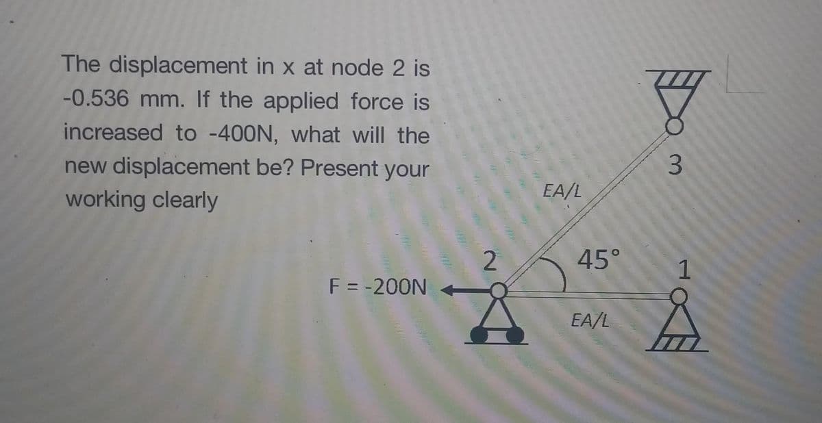 The displacement in x at node 2 is
-0.536 mm. If the applied force is
increased to -400N, what will the
new displacement be? Present your
working clearly
F = -200N
2
EA/L
45°
EA/L
y
1
S