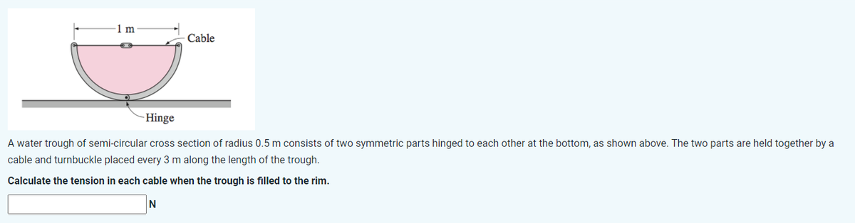 1 m
Cable
Hinge
A water trough of semi-circular cross section of radius 0.5 m consists of two symmetric parts hinged to each other at the bottom, as shown above. The two parts are held together by a
cable and turnbuckle placed every 3 m along the length of the trough.
Calculate the tension in each cable when the trough is filled to the rim.
N