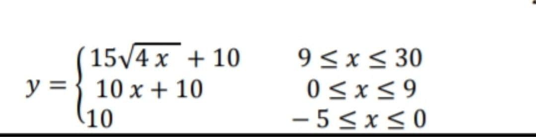 y =
(15√4x + 10
10 x + 10
10
9≤x≤30
0≤x≤9
-5≤x≤0