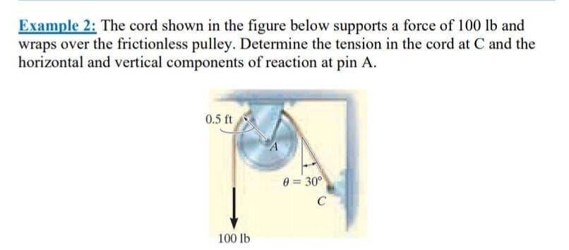 Example 2: The cord shown in the figure below supports a force of 100 lb and
wraps over the frictionless pulley. Determine the tension in the cord at C and the
horizontal and vertical components of reaction at pin A.
0.5 ft
0 = 30°
100 lb
