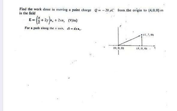 Find the work done in moving a point charge Q= - 20 C from the origin to (4,0,0) m
in the ficld
E-+ 2y a, + 2xa, (V/m)
For a path along the x axis, dl- dxa,.
14,, 0)
(1, 0, 0)
(4,0,0)
