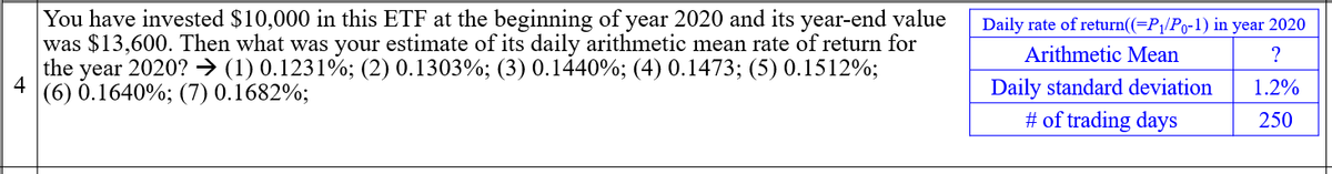 You have invested $10,000 in this ETF at the beginning of year 2020 and its year-end value
was $13,600. Then what was your estimate of its daily arithmetic mean rate of return for
Daily rate of return((=P¡/Po-1) in year 2020
Arithmetic Mean
the year 2020? → (1) 0.1231%; (2) 0.1303%; (3) 0.1440%; (4) 0.1473; (5) 0.1512%;
4
|(6) 0.1640%; (7) 0.1682%;
Daily standard deviation
1.2%
# of trading days
250
