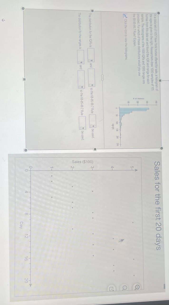 in a data set of 1057 New York homes offered for sale, a histogram of
the ages is given to the right. Researchers drew 1000 samples of 105
homes from this data set and found the IQR and range for each
sample. The histograms of the 1000 IQRS and 1000 ranges are
provided. For which of these distributions would you use
the 68-95-99.7 Rule? Explain.
Click the icon to view the histograms.
200
100
400
Sales for the first 20 days
50
100 150
Ag 00
200 250
4-
The distribution for the IQRS is
and
so the 68-95-99.7 Rule
be used
The distribution for the ranges is
and
so the 68-95-99.7 Rule
be used.
Sales ($100)
2-
1-
0-
0
8
12
16
20
Day
D