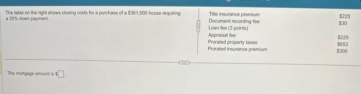 The table on the right shows closing costs for a purchase of a $361,000 house requiring
a 20% down payment.
Title insurance premium
Document recording fee
Loan fee (3 points)
Appraisal fee
The mortgage amount is $
$225
$30
$225
Prorated property taxes
$653
Prorated insurance premium
$300