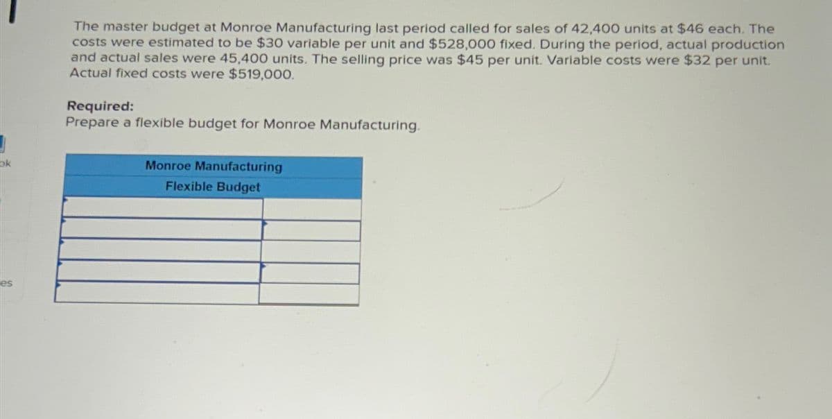 ok
The master budget at Monroe Manufacturing last period called for sales of 42,400 units at $46 each. The
costs were estimated to be $30 variable per unit and $528,000 fixed. During the period, actual production
and actual sales were 45,400 units. The selling price was $45 per unit. Variable costs were $32 per unit.
Actual fixed costs were $519,000.
Required:
Prepare a flexible budget for Monroe Manufacturing.
Monroe Manufacturing
Flexible Budget
es