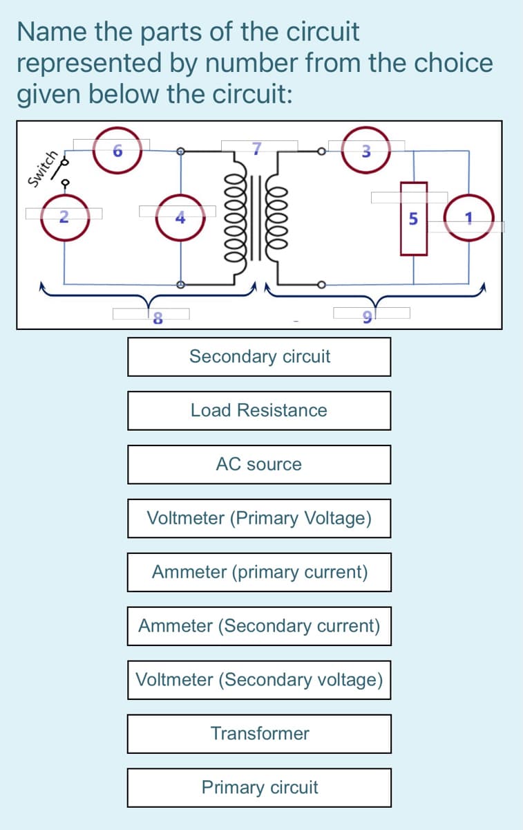 Name the parts of the circuit
represented by number from the choice
given below the circuit:
(2)
Secondary circuit
Load Resistance
AC source
Voltmeter (Primary Voltage)
Ammeter (primary current)
Ammeter (Secondary current)
Voltmeter (Secondary voltage)
Transformer
Primary circuit
Switch
