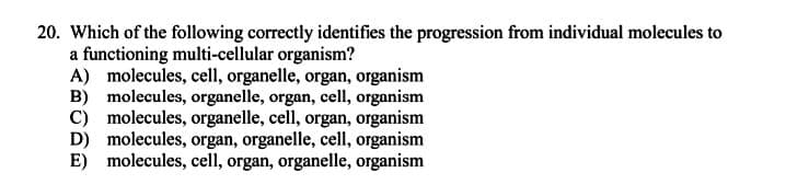 20. Which of the following correctly identifies the progression from individual molecules to
a functioning multi-cellular organism?
A) molecules, cell, organelle, organ, organism
B) molecules, organelle, organ, cell, organism
C) molecules, organelle, cell, organ, organism
D) molecules, organ, organelle, cell, organism
E) molecules, cell, organ, organelle, organism

