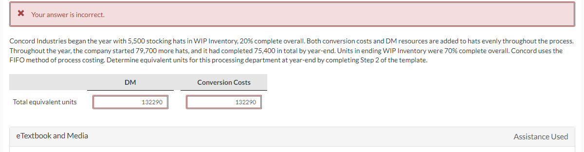 * Your answer is incorrect.
Concord Industries began the year with 5,500 stocking hats in WIP Inventory, 20% complete overall. Both conversion costs and DM resources are added to hats evenly throughout the process.
Throughout the year, the company started 79,700 more hats, and it had completed 75,400 in total by year-end. Units in ending WIP Inventory were 70% complete overall. Concord uses the
FIFO method of process costing. Determine equivalent units for this processing department at year-end by completing Step 2 of the template.
Total equivalent units
eTextbook and Media
DM
132290
Conversion Costs
132290
Assistance Used