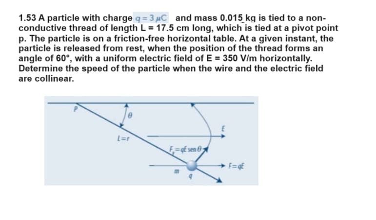 1.53 A particle with charge q=3 μC and mass 0.015 kg is tied to a non-
conductive thread of length L = 17.5 cm long, which is tied at a pivot point
p. The particle is on a friction-free horizontal table. At a given instant, the
particle is released from rest, when the position of the thread forms an
angle of 60°, with a uniform electric field of E = 350 V/m horizontally.
Determine the speed of the particle when the wire and the electric field
are collinear.
E
L=r
FgE sen
F=qE