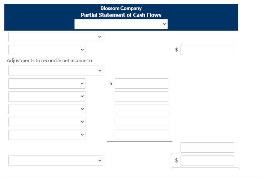 Blossom Company
Partial Statement of Cash Flows
Adjustments to reconcile net income to
%24
%24
%24
>
>
>
>
>
