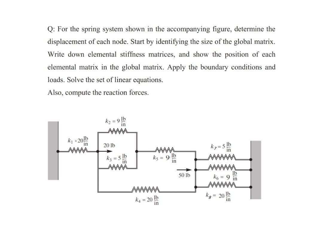 Q: For the spring system shown in the accompanying figure, determine the
displacement of each node. Start by identifying the size of the global matrix.
Write down elemental stiffness matrices, and show the position of each
elemental matrix in the global matrix. Apply the boundary conditions and
loads. Solve the set of linear equations.
Also, compute the reaction forces.
k2 = 9 lb
k1 = 20b
in
20 lb
k,=5 lb
ww
lb
in
kz = 5 lb
in
ks = 9
in
lb
k6 = 9 in
50 lb
k4 = 20 lb
kg = 20 b
in
in
