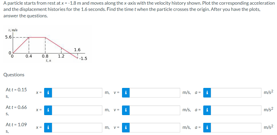 A particle starts from rest at x = -1.8 m and moves along the x-axis with the velocity history shown. Plot the corresponding acceleration
and the displacement histories for the 1.6 seconds. Find the time t when the particle crosses the origin. After you have the plots,
answer the questions.
1, m/s
5.6
0,
0
Questions
Att = 0.15
S,
0.4
Att = 0.66
S,
7
Att = 1.09
S,
T
1
T
X =
X =
X =
T
1
0.8
t, s
i
i
1.2
1.6
-1.5
m, V= i
m, v =
m, v=
i
m/s, a = i
m/s, a =
m/s, a =
i
m/s²
m/s2
m/s²