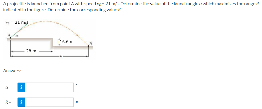 A projectile is launched from point A with speed vo = 21 m/s. Determine the value of the launch angle a which maximizes the range R
indicated in the figure. Determine the corresponding value R.
Vo = 21 m/s
A
Answers:
a =
α
R=
i
i
28 m
16.6 m
R
m