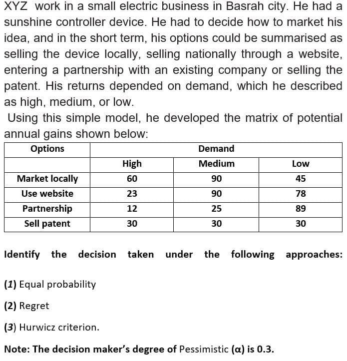 XYZ work in a small electric business in Basrah city. He had a
sunshine controller device. He had to decide how to market his
idea, and in the short term, his options could be summarised as
selling the device locally, selling nationally through a website,
entering a partnership with an existing company or selling the
patent. His returns depended on demand, which he described
as high, medium, or low.
Using this simple model, he developed the matrix of potential
annual gains shown below:
Options
Demand
High
Medium
Low
Market locally
60
90
45
Use website
23
90
78
Partnership
12
25
89
Sell patent
30
30
30
Identify the decision taken under
the following approaches:
(1) Equal probability
(2) Regret
(3) Hurwicz criterion.
Note: The decision maker's degree of Pessimistic (a) is 0.3.
