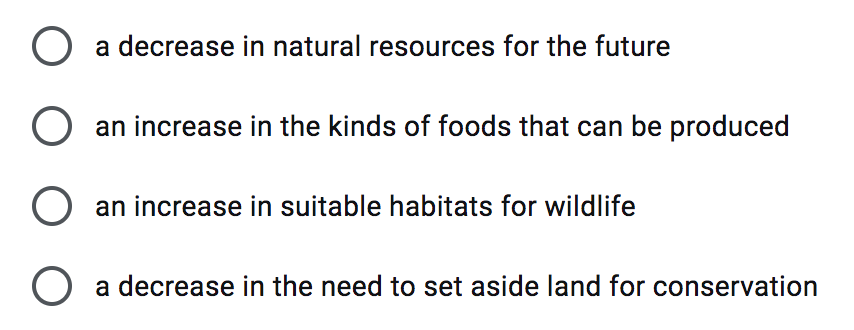 O a decrease in natural resources for the future
an increase in the kinds of foods that can be produced
an increase in suitable habitats for wildlife
a decrease in the need to set aside land for conservation
