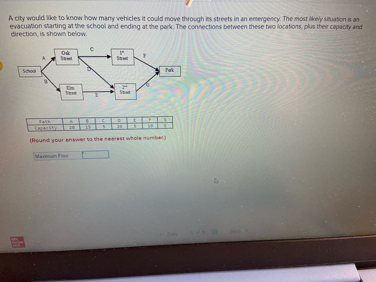 A city would like to know how many vehicles it could move through its streets in an emergency. The most likely situation is an
evacuation starting at the school and ending at the park. The connections between these two locations, plus their capacity and
direction, is shown below.
Oak
Street
1*
Street
F
A
School
Park
Elm
Street
Street
F
G
Path
A
B
Caраcity
15
20
5
10
5
20
(Round your answer to the nearest whole number.)
Maximum Flow
Next-
Prev
Mc
Graw
Hill.
