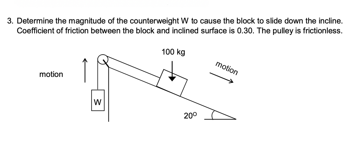 3. Determine the magnitude of the counterweight W to cause the block to slide down the incline.
Coefficient of friction between the block and inclined surface is 0.30. The pulley is frictionless.
100 kg
motion
motion
W
20°
