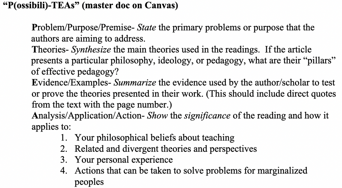"P(ossibili)-TEAs" (master doc on Canvas)
Problem/Purpose/Premise- State the primary problems or purpose that the
authors are aiming to address.
Theories- Synthesize the main theories used in the readings. If the article
presents a particular philosophy, ideology, or pedagogy, what are their “pillars”
of effective pedagogy?
Evidence/Examples- Summarize the evidence used by the author/scholar to test
or prove the theories presented in their work. (This should include direct quotes
from the text with the page number.)
Analysis/Application/Action- Show the significance of the reading and how it
applies to:
1. Your philosophical beliefs about teaching
2. Related and divergent theories and perspectives
3. Your personal experience
4. Actions that can be taken to solve problems for marginalized
peoples