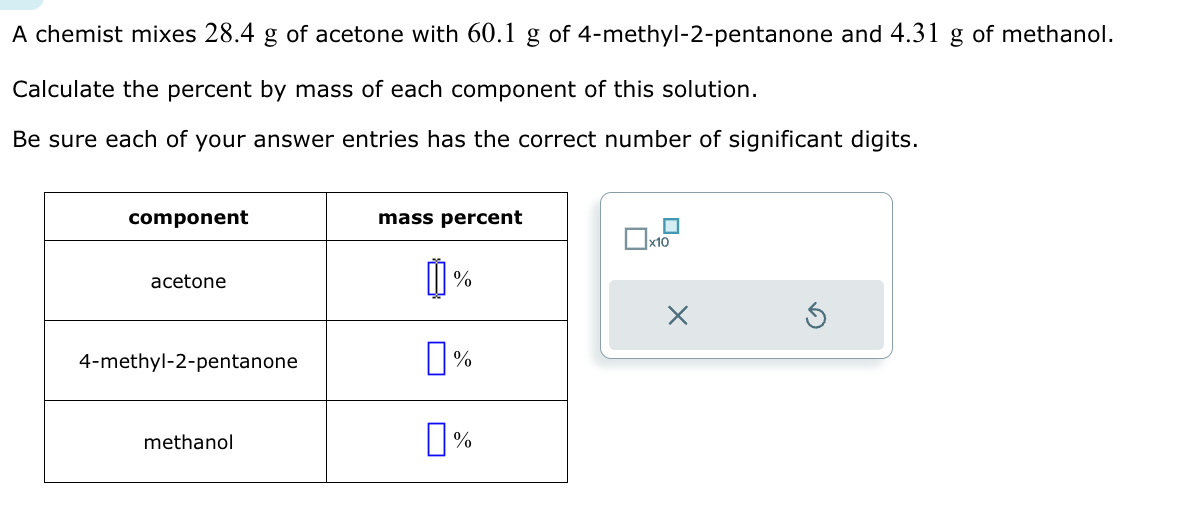 A chemist mixes 28.4 g of acetone with 60.1 g of 4-methyl-2-pentanone and 4.31 g of methanol.
Calculate the percent by mass of each component of this solution.
Be sure each of your answer entries has the correct number of significant digits.
component
acetone
4-methyl-2-pentanone
methanol
mass percent
Ï%
0
п%
%
☐
x10
X