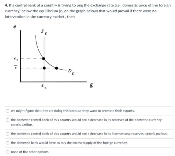 4. If a central bank of a country is trying to peg the exchange rate (i.e., domestic price of the foreign
currency) below the equilibrium (e, on the graph below) that would prevail if there were no
intervention in the currency market , then
we might figure that they are doing this because they want to promote their exports.
the domestic central bank of this country would see a decrease in its reserves of the domestic currency,
ceteris paribus.
the domestic central bank of this country would see a decrease in its international reserves, ceteris paribus.
the domestic bank would have to buy the excess supply of the foreign currency.
none of the other options.
