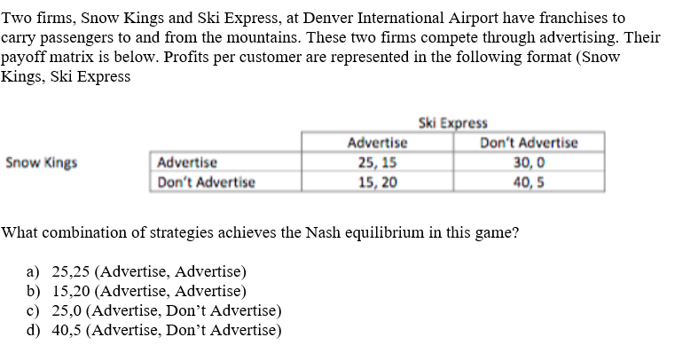 Two firms, Snow Kings and Ski Express, at Denver International Airport have franchises to
carry passengers to and from the mountains. These two firms compete through advertising. Their
payoff matrix is below. Profits per customer are represented in the following format (Snow
Kings, Ski Express
Snow Kings
Advertise
Don't Advertise
Advertise
25, 15
15, 20
Ski Express
Don't Advertise
30,0
40,5
What combination of strategies achieves the Nash equilibrium in this game?
a) 25,25 (Advertise, Advertise)
b) 15,20 (Advertise, Advertise)
c) 25,0 (Advertise, Don't Advertise)
d) 40,5 (Advertise, Don't Advertise)