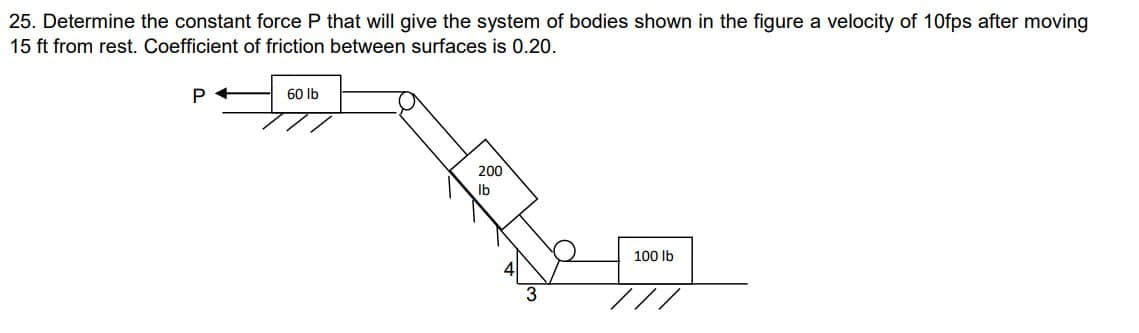 25. Determine the constant force P that will give the system of bodies shown in the figure a velocity of 10fps after moving
15 ft from rest. Coefficient of friction between surfaces is 0.20.
P+
60 lb
200
Ib
3
100 lb
///