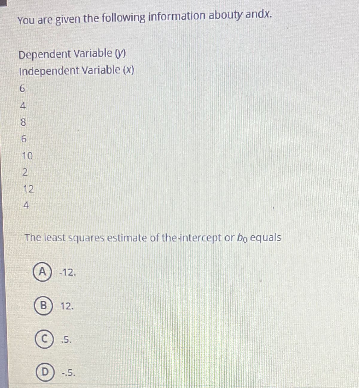 You are given the following information abouty andx.
Dependent Variable (y)
Independent Variable (x)
6
4
8
6
10
2
12
4
The least squares estimate of the intercept or bo equals
A
B
-12.
12.
.5.
(D) -.5.