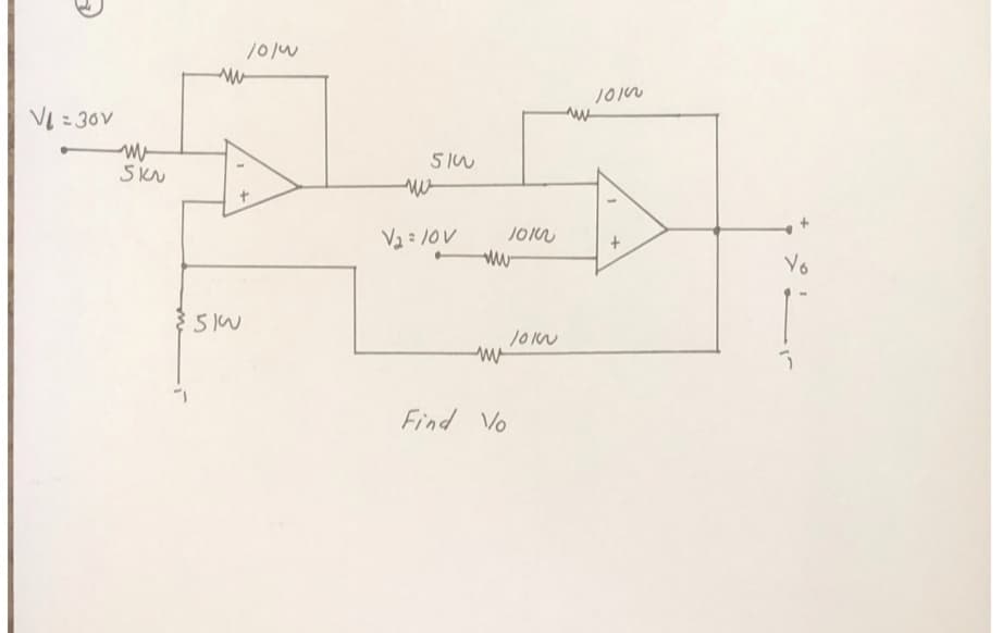 V₁=30V
m
SKU
2
10/0
www
510
510
ли
V₂ = 10V
10120
www
www
Find Vo
10100
ww
10100
Vo