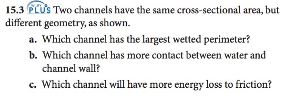 WILEY
15.3 PLUS Two channels have the same cross-sectional area, but
different geometry, as shown.
a. Which channel has the largest wetted perimeter?
b. Which channel has more contact between water and
channel wall?
c. Which channel will have more energy loss to friction?
