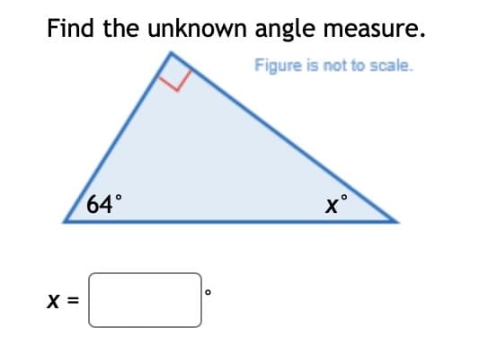 Find the unknown angle measure.
Figure is not to scale.
X =
64°
xº