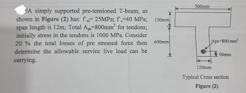 A simply supported pre-tensioned T-beam, as
shown in Figure (2) has: f'ci 25MPa; f'-40 MPa;
span length is 12m; Total Aps-800mm² for tendons;
initially stress in the tendons is 1000 MPa. Consider
20% the total losses of pre stressed force then
determine the allowable service live load can be
carrying.
150mm
600mm
T
500mm
T
Aps-800 mm²
50mm
150mm
Typical Cross section
Figure (2)