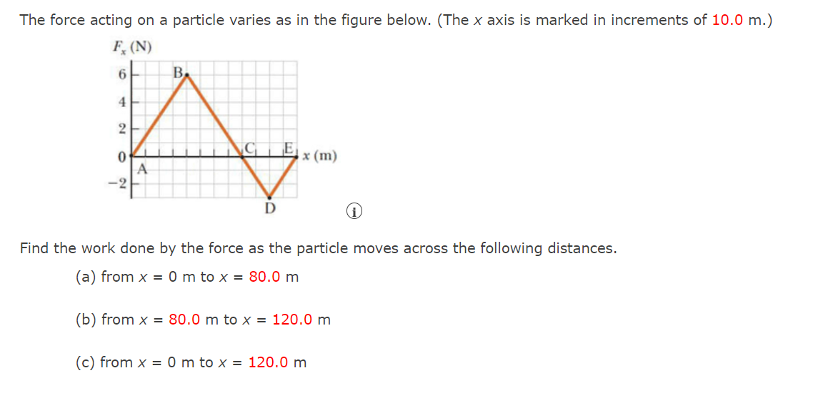 The force acting on a particle varies as in the figure below. (The x axis is marked in increments of 10.0 m.)
F, (N)
6
4
2
0
A
B
C
D
E
x (m)
Find the work done by the force as the particle moves across the following distances.
(a) from x = 0 m to x = 80.0 m
(b) from x = 80.0 m to x = 120.0 m
(c) from x = 0 m to x = 120.0 m