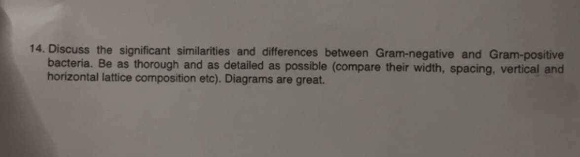 14. Discuss the significant similarities and differences between Gram-negative and Gram-positive
bacteria. Be as thorough and as detailed as possible (compare their width, spacing, vertical and
horizontal lattice composition etc). Diagrams are great.