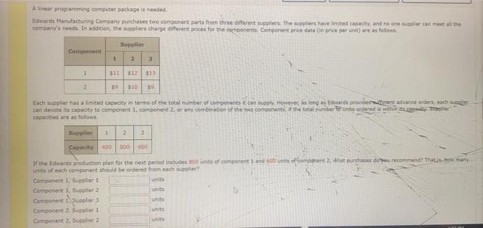 A linear programming computer package is needed.
Edwards Manufacturing Company purchases two component parts from three different suppliers. The suppliers have limited capacity, and no one supplier can meet all the
company's needs. In addition, the suppliers charge different prices for the components. Component price data (in price per unit) are as follows.
Supplier
Component
1
2
1
$11 $12 $13
2
$9 $10 $9
Each supplier has a limited capacity in terms of the total number of components it can supply. However, as long as Edwards provides sufficient advance orders, each supplier
can devote its capacity to component 1, component 2, or any combination of the two components, if the total number of units ordered is within its capacity Supplier
capacities are as follows.
1 2
3
Supplier
Capacity 400 500 600
If the Edwards production plan for the next period includes 800 units of component 1 and 500 units of component 2, what purchases do you recommend? That is how many
units of each component should be ordered from each supplier?
Component 1, Supplier 1
units
Component 1, Supplier 2
units
Component 1 Supplier 3
units
Component 2. Supplier 1
units
Component 2, Supplier 2
units