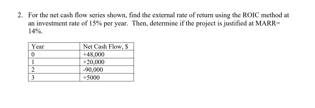 2. For the net cash flow series shown, find the external rate of return using the ROIC method at
an investment rate of 15% per year. Then, determine if the project is justified at MARR=
14%.
Year
Net Cash Flow, $
+48,000
+20,000
-90,000
2
3
+5000
