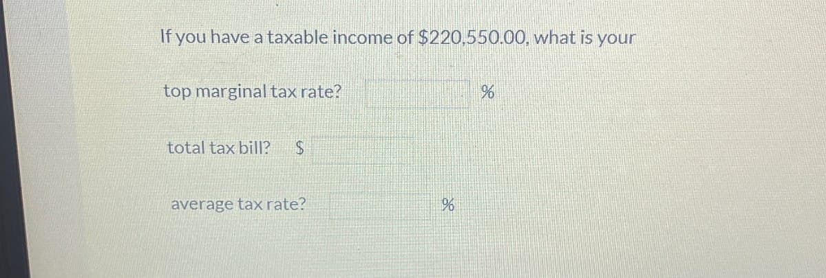 If you have a taxable income of $220,550.00, what is your
top marginal tax rate?
%
total tax bill?
$
average tax rate?
%