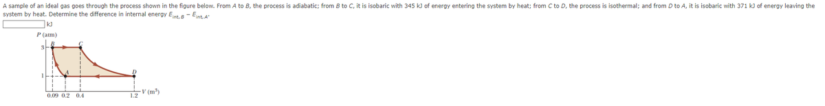 A sample of an ideal gas goes through the process shown in the figure below. From A to B, the process is adiabatic; from B to C, it is isobaric with 345 kJ of energy entering the system by heat; from C to D, the process is isothermal; and from D to A, it is isobaric with 371 kJ of energy leaving the
system by heat. Determine the difference in internal energy Eint, B- Eint, A
KJ
P (atm)
I
0.09 0.2 0.4
-V (m³)
1.2