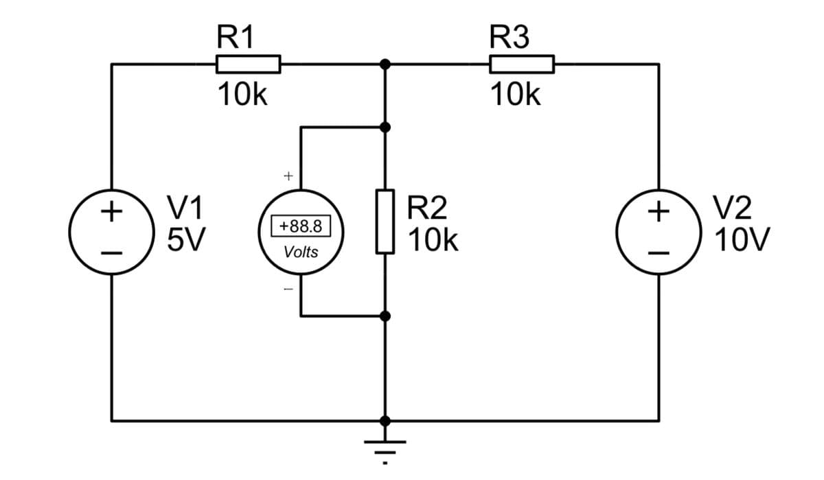 R1
R3
10k
10k
V1
5V
R2
10k
V2
10V
+88.8
Volts
+ I
+ I
