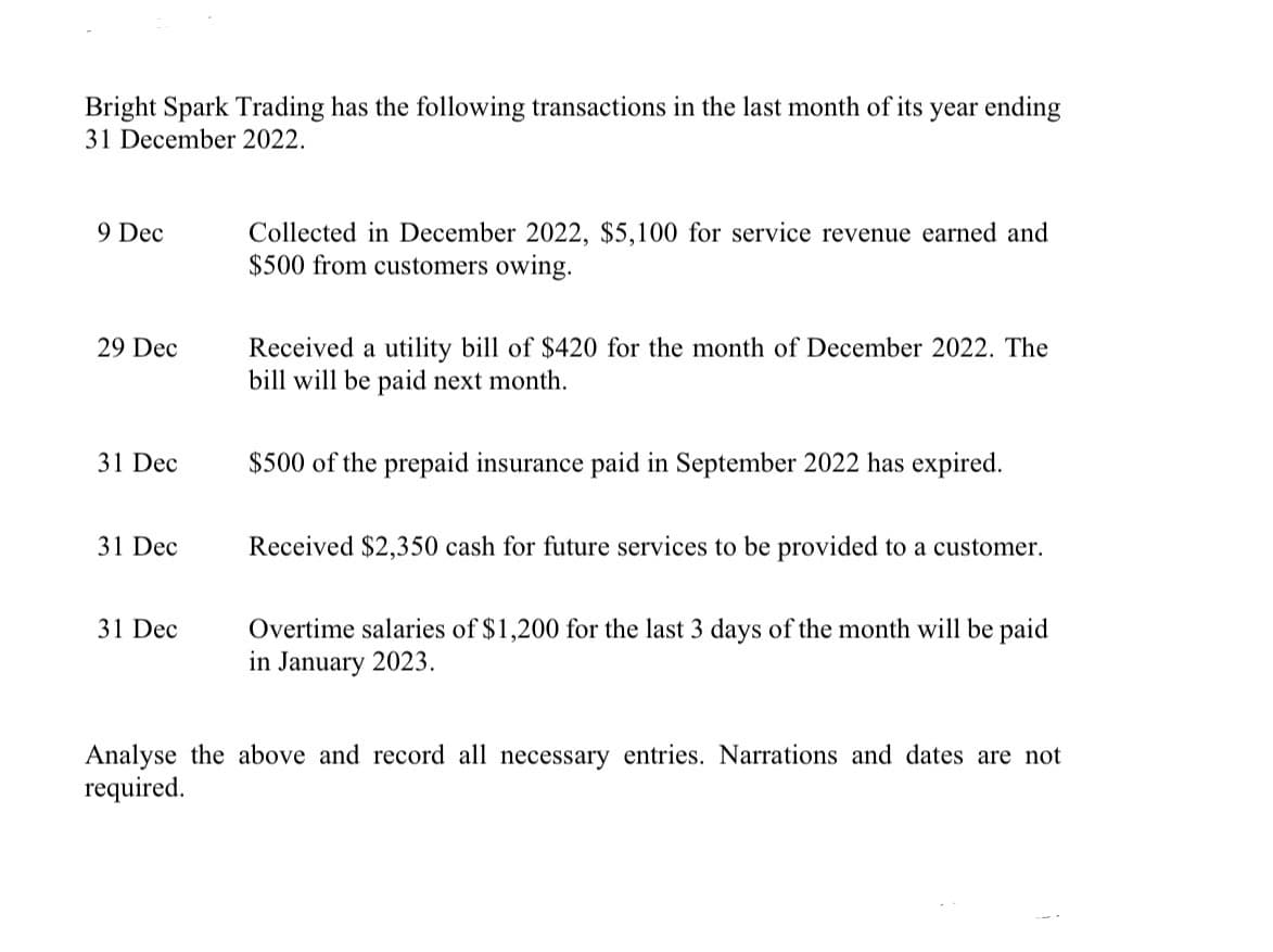 Bright Spark Trading has the following transactions in the last month of its year ending
31 December 2022.
9 Dec
29 Dec
31 Dec
Collected in December 2022, $5,100 for service revenue earned and
$500 from customers owing.
Received a utility bill of $420 for the month of December 2022. The
bill will be paid next month.
$500 of the prepaid insurance paid in September 2022 has expired.
31 Dec
Received $2,350 cash for future services to be provided to a customer.
31 Dec
Overtime salaries of $1,200 for the last 3 days of the month will be paid
in January 2023.
Analyse the above and record all necessary entries. Narrations and dates are not
required.