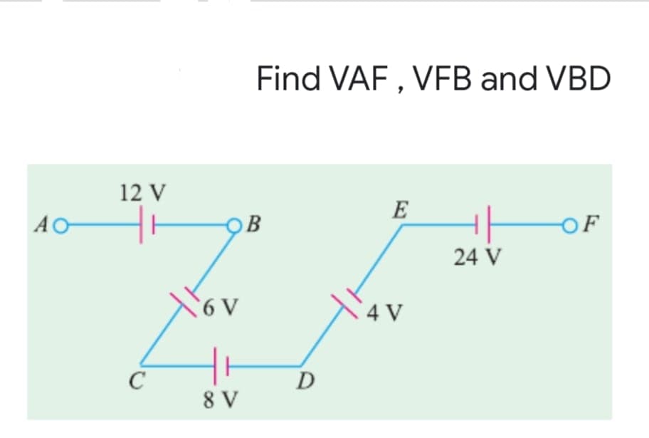 Find VAF , VFB and VBD
12 V
E
AO
B
OF
24 V
4 V
C
8 V
D
