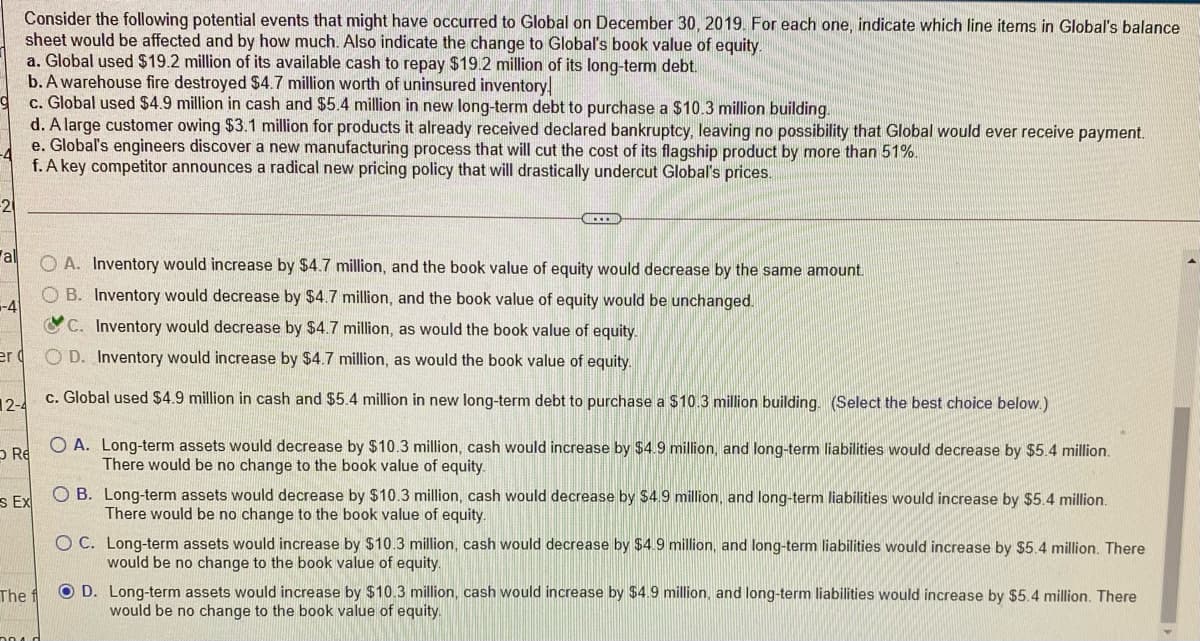Consider the following potential events that might have occurred to Global on December 30, 2019. For each one, indicate which line items in Global's balance
sheet would be affected and by how much. Also indicate the change to Global's book value of equity.
a. Global used $19.2 million of its available cash to repay $19.2 million of its long-term debt.
b. A warehouse fire destroyed $4.7 million worth of uninsured inventory,
c. Global used $4.9 million in cash and $5.4 million in new long-term debt to purchase a $10.3 million building.
d. A large customer owing $3.1 million for products it already received declared bankruptcy, leaving no possibility that Global would ever receive payment.
e. Global's engineers discover a new manufacturing process that will cut the cost of its flagship product by more than 51%.
f. A key competitor announces a radical new pricing policy that will drastically undercut Global's prices.
2
'al
O A. Inventory would increase by $4.7 million, and the book value of equity would decrease by the same amount.
O B. Inventory would decrease by $4.7 million, and the book value of equity would be unchanged.
-4
C. Inventory would decrease by $4.7 million, as would the book value of equity.
er (
O D. Inventory would increase by $4.7 million, as would the book value of equity.
12-4
c. Global used $4.9 million in cash and $5.4 million in new long-term debt to purchase a $10.3 million building. (Select the best choice below.)
O A. Long-term assets would decrease by $10.3 million, cash would increase by $4.9 million, and long-term liabilities would decrease by $5.4 million.
There would be no change to the book value of equity.
p Re
O B. Long-term assets would decrease by $10.3 million, cash would decrease by $4.9 million, and long-term liabilities would increase by $5.4 million.
There would be no change to the book value of equity.
s Ex
O C. Long-term assets would increase by $10.3 million, cash would decrease by $4.9 million, and long-term liabilities would increase by $5.4 million. There
would be no change to the book value of equity.
O D. Long-term assets would increase by $10.3 million, cash would increase by $4.9 million, and long-term liabilities would increase by $5.4 million. There
would be no change to the book value of equity.
The
